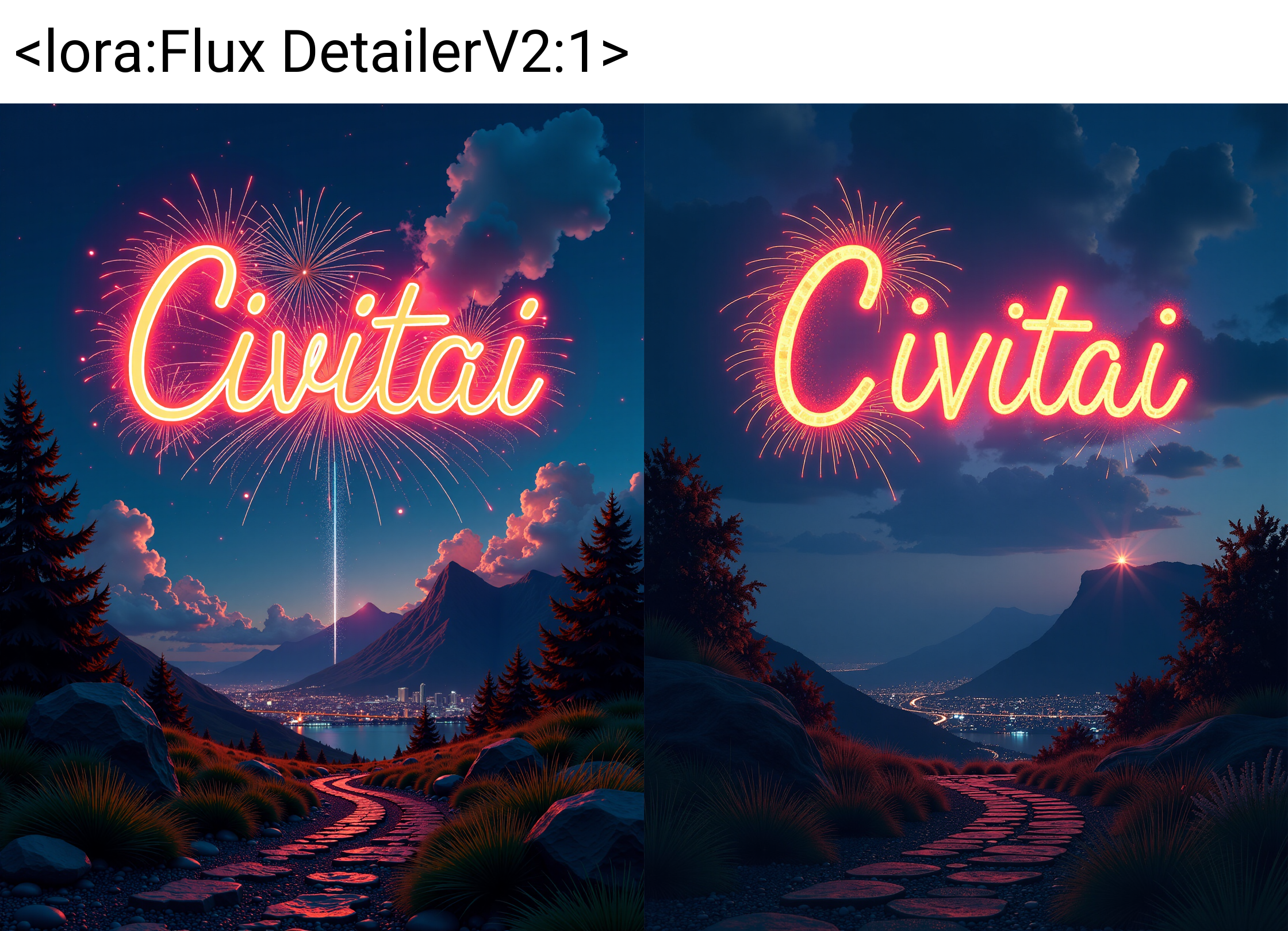 (A firework sign with the Word " Civitai" in the Sky), IT Takes place on a fantastic Detailed Landscape Scene , the atmosphere is magical, by night,in the style of Jed-clrfl,    <lora:Flux DetailerV2:1>