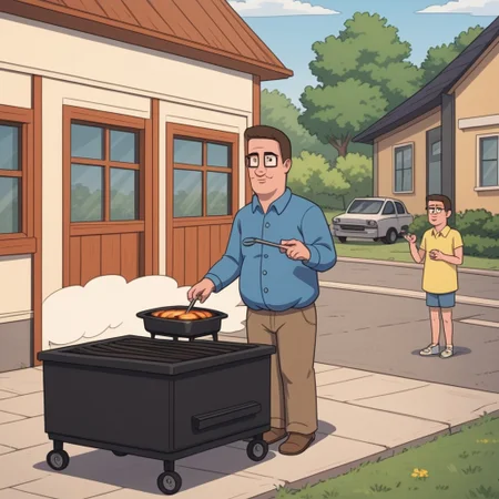 hank hill standing at a barbecue grill, outdoors on a sunny day, ((a giant propane molecule floats in the air)),