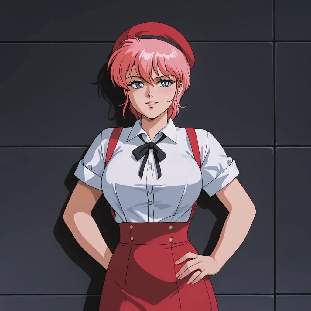 <lora:rainaguydoubleagent_pony_v1:.8>Raina, 1980s (style), retro artstyle, short hair, 1girl, solo, large breasts,  pink hair, blue eyes, cowboy shot,  <lora:0902 Home wear 5_v1_pony:1> ruanyi0902,beret,black ribbon,collared shirt,black pantyhose,high-waist skirt,white shirt,suspenders
