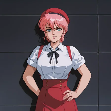 <lora:rainaguydoubleagent_pony_v1:.8>Raina, 1980s (style), retro artstyle, short hair, 1girl, solo, large breasts,  pink hair, blue eyes, cowboy shot,  <lora:0902 Home wear 5_v1_pony:1> ruanyi0902,beret,black ribbon,collared shirt,black pantyhose,high-waist skirt,white shirt,suspenders