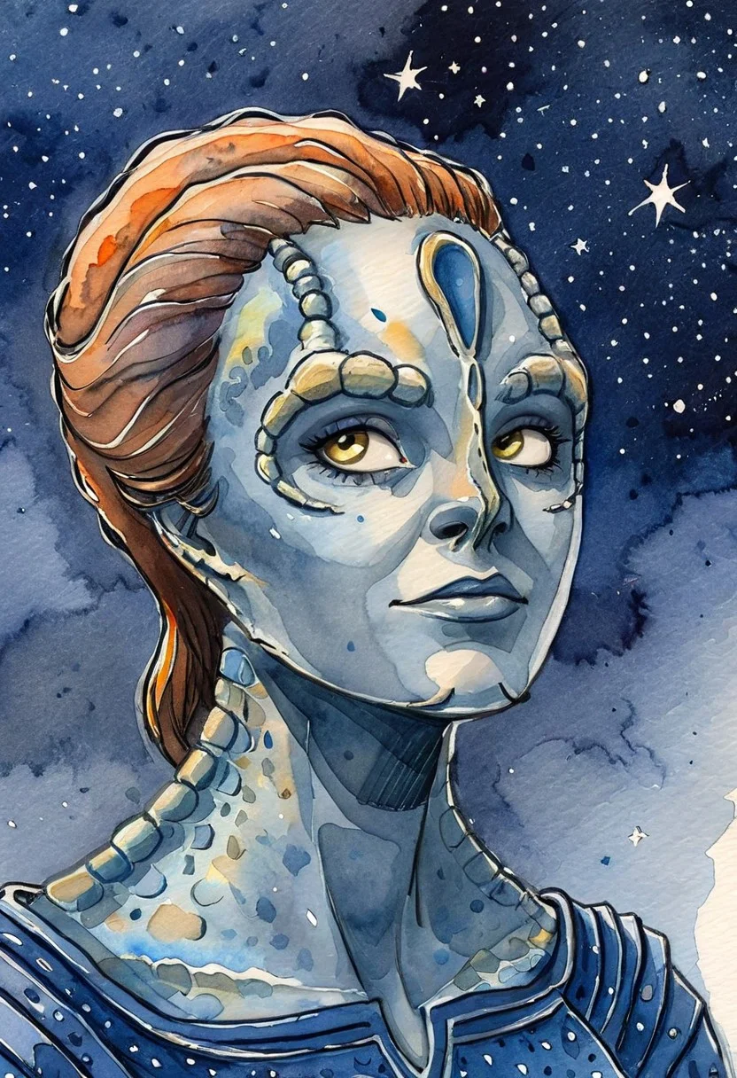 ((novuschroma43 style watercolor sketch) of a female c4rd45514n alien, forehead crest, grey skin, ridges, scales), black starry night time sky background full of stars
