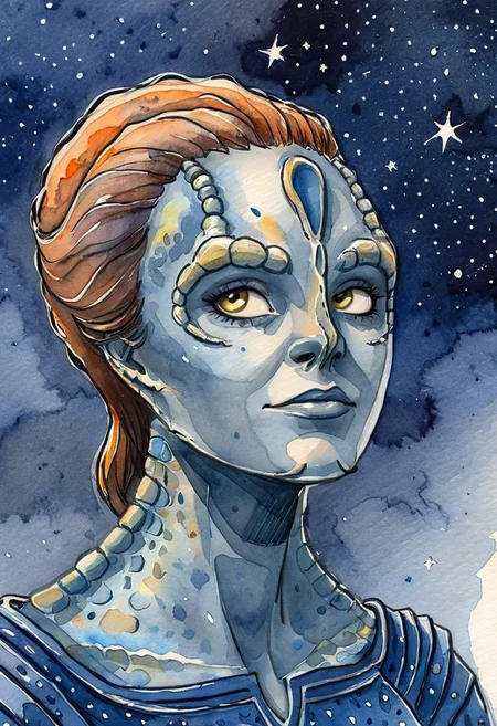 ((novuschroma43 style watercolor sketch) of a female c4rd45514n alien, forehead crest, grey skin, ridges, scales), black starry night time sky background full of stars