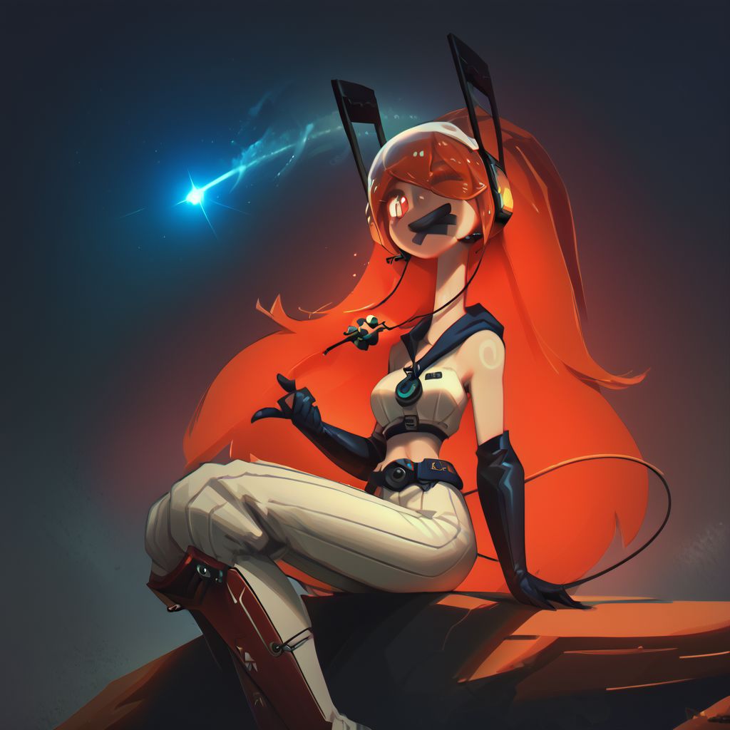 score_9, score_8_up, score_7_up, score_5_up, 28y old girl, pale skin, tall girl, long (((thick))) neck, long legs, (sitting), astronaut engineer, gradient brass to copper, heavy visor robot eye on one eye, two eyes, oversize long thick darkcopper skirt, ((engineer gloves)), taped long skirt above legs, heavy utility tools belts hanging, champion belt with huge buckle with many toolboxes, oversize hoodie on back, red thick rubber oversize hood on the back top, open helmet, covered ears, light plate space armor, heavy backpack, covered neck with radio, microphone from headset to mouth, thick black wires around, ((oversize)) thick glass bubble helmet transparent, mecha long winglike antennas above helmet, square oversize glasses, white rubber heavy sneakers, white long socks, translucent slime boy, (((black thick and long wire tail))),  beautiful eyes, (((detailed eyes, detailed face))), (smug), (((long)) (tape) (striped) hairstyle with this single ((large)) (((very long))) taaped braid, soft shading, 8k, masterpiece, face and waist close-up shot, dark space background,