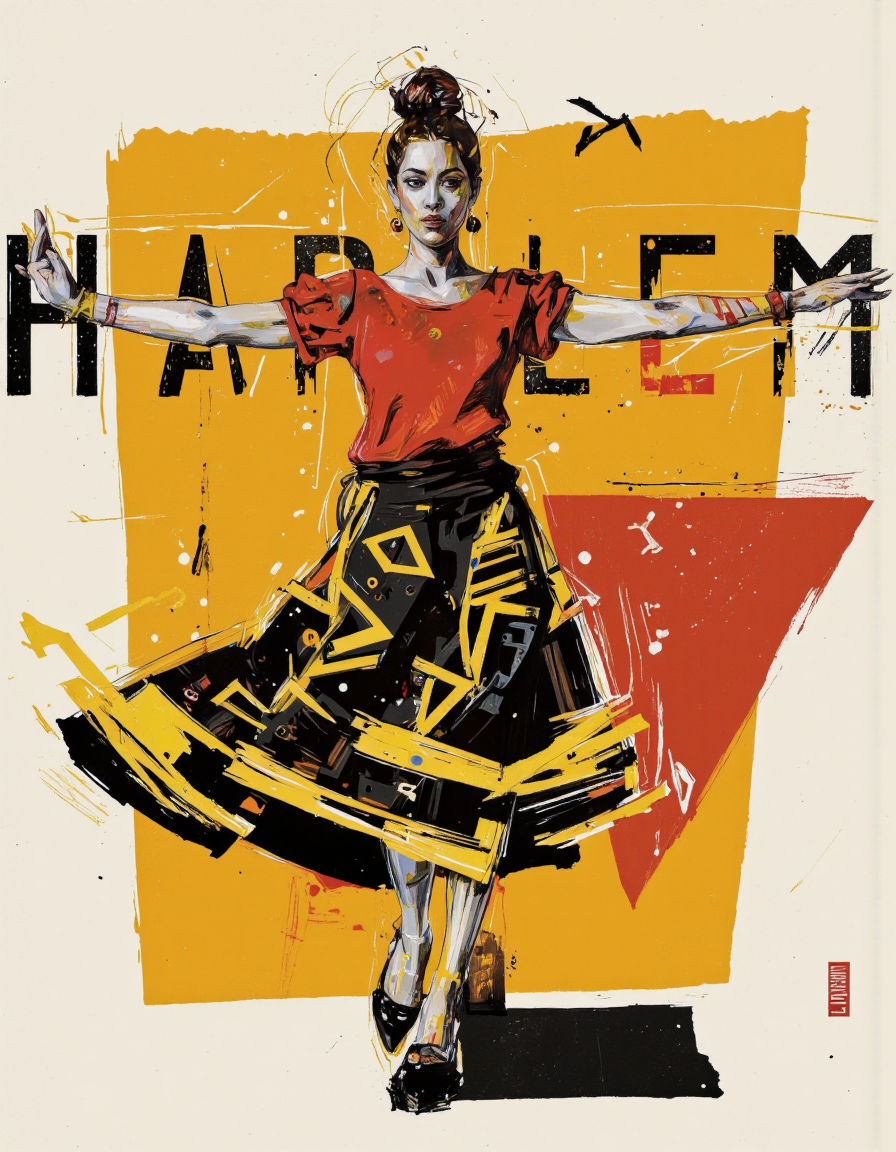By Martin French. A vibrant and stylized illustration of a woman in a flamenco dancer pose, captured from a front camera angle. the woman, who appears to be in her mid-twenties, is standing in the middle of the image with her arms stretched out to the sides, showcasing her full body. she is wearing a red top and a black skirt with yellow and black geometric patterns, and her hair is styled in a bun. her facial expression is one of intense concentration, as if she is about to engage in a lively and energetic dance. the background is a gradient of yellow and orange, with abstract geometric shapes and lines, and the word "harlem" is prominently displayed in bold black letters at the top. the style is reminiscent of modern art, with bold lines and vibrant colors that bring the scene to life. the artist's signature is in the bottom right corner, adding a touch of professionalism to the artwork. <lora:Martin_French:1>