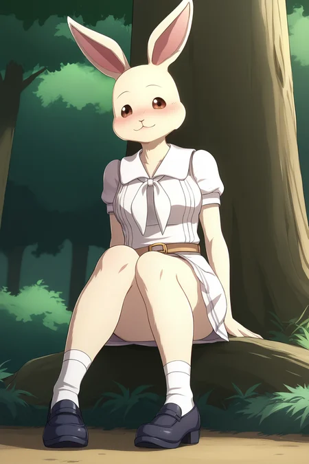 score_9, score_8_up, score_7_up, score_6_up, BREAK, HaruBPXL, anthro furry, furry female, body fur, white fur, brown eyes, animal ears, rabbit ears, medium breasts, white dress, white neckerchief, short sleeves, belt, white skirt, white socks, black shoes, solo, full body, sitting, ((bellow view)), seductive smile, looking at viewer, naughty face, nose blush, forest, tree <lora:HaruBPXL:1>