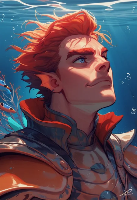 score_9, score_8_up, score_8, score_7_up, score_7, score_6_up, score_6, score_5_up, Score_5, fish, koi fish, fish monster:1.3), (realistic fish, fish), bulging eyes, fish eyes, fish mouth, fins, Atlantean armor, vox machine style, 1boy, male focus, solo, portrait, underwater background, under water shimmering light, fantasy, (dynamic lighting:1.1)
((masterpiece))