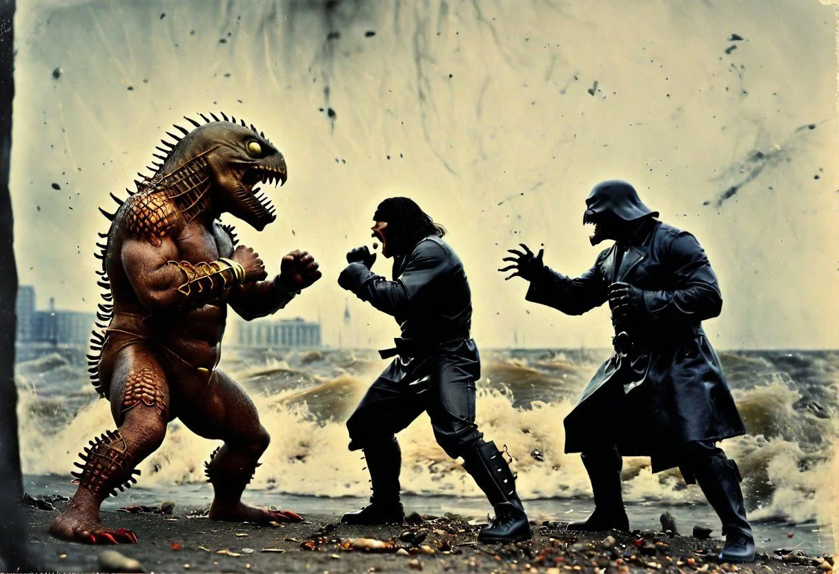 Godzilla fights with a krakn on the shore of Hamburg