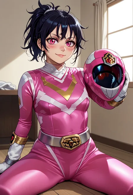 score_9, score_8_up, score_7_up, BREAK,
1girl, solo,
sentaisaintforce, pink bodysuit, silver belt, white gloves, spandex, wing-shaped chest symbol, small breasts, helmet removed, no headwear, holding helmet,
leyleyxl, (black hair), ponytail, (white pupils, pink eyes:.6), messy hair, short ponytail, (upper body:.6), BREAK,
smug, blush, looking at viewer, BREAK,
sitting, legs apart, BREAK,
indoors, floor
