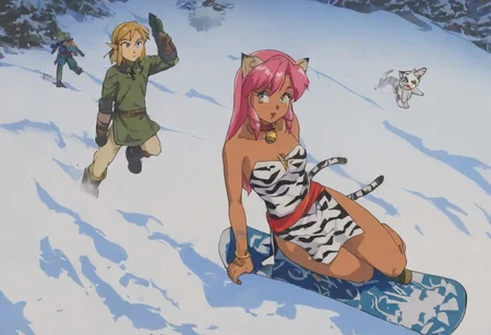 Pink_DragonPink, 1girl, sleeveless dress, white tiger print dress, pelvic curtain, cleavage, cat bell necklace, white tiger tail, red sash, small breasts, leather shoes, masterpiece, very aesthetic, <lora:pink-illustrious:1>,
Break
1boy,Anime screencap,link (zelda),blonde hair,blue eyes,pointy ears, low ponytail, sidelocks, wearing blue hyilian tunic,
Break
Peak of tall snowy mountain, standing in the snow, during a sunny day, pink and link snowboarding on hylian shields, snowboard, snowboards are shields, snowboarding down mountain, sharp decline, leaving a trail through the snow, jumping over viewer
