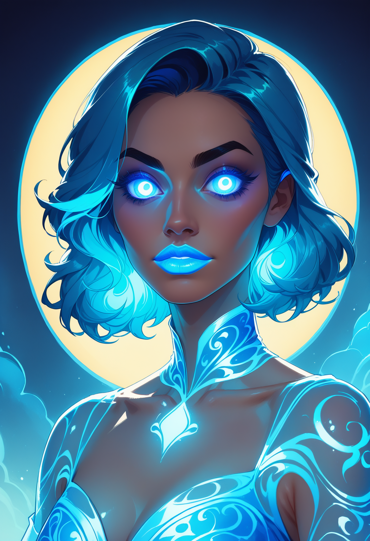 (score_9_up, score_8_up), score_7_up, upper body portrait, 1girl, glowing neon dress, glowing neon lipstick, glowing neon eye shadow, rating_safe, <lora:lukethighwalkerneonponyv4:0.4>