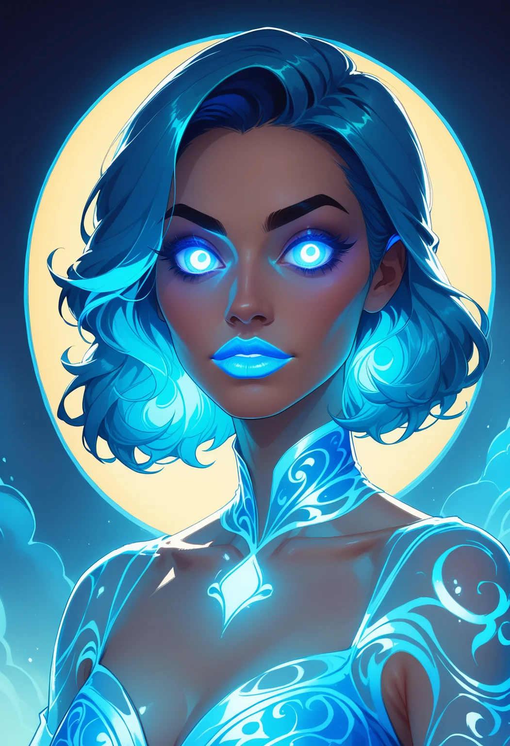 (score_9_up, score_8_up), score_7_up, upper body portrait, 1girl, glowing neon dress, glowing neon lipstick, glowing neon eye shadow, rating_safe, <lora:lukethighwalkerneonponyv4:0.4>