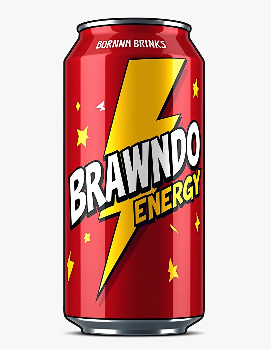 a  energy drink can featuring the words: "BRAWNDO ENERGY" and a cartoon lightning bolt