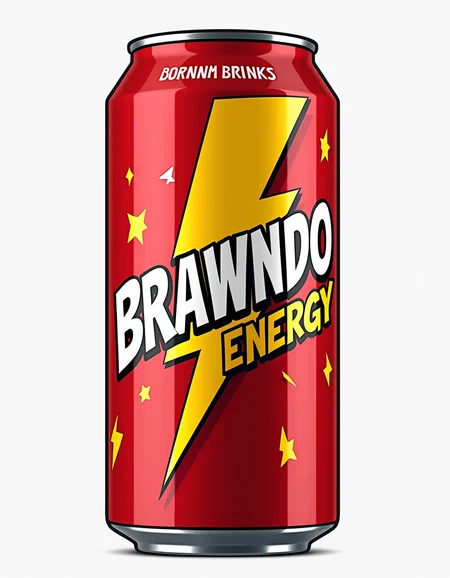 a  energy drink can featuring the words: "BRAWNDO ENERGY" and a cartoon lightning bolt