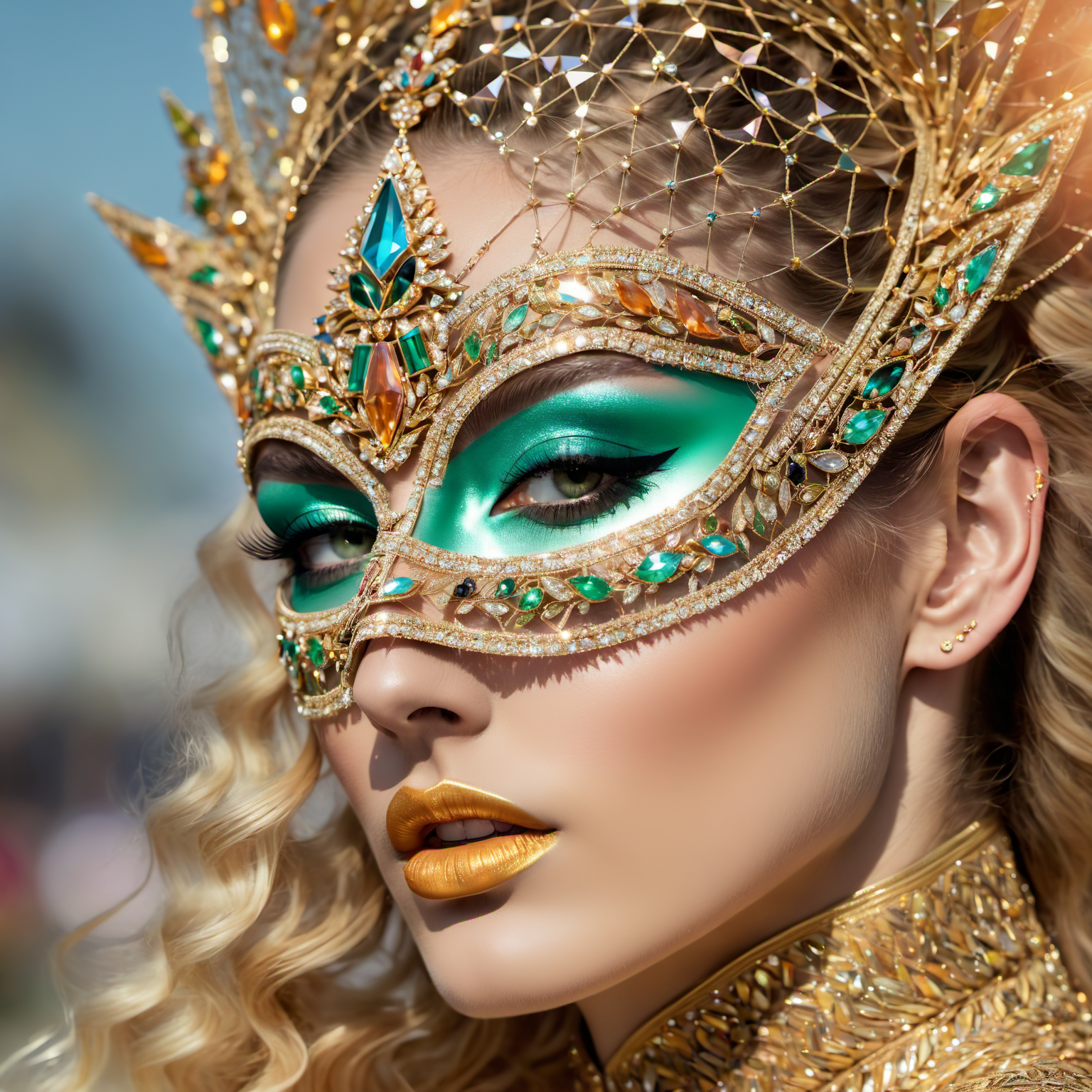 <lora:weird future fashion_v5_XL:1> close up shot, adult supermodel, woman with detailed long golden [curly|flowy] hair, [wearing angular embroidered jewellery, :0.3]eyeliner, wearing geometric faceted barbed headdress, ([cloth|mesh|translucent] face [mask|veil] covering mouth:1.5), extremely detailed face, wearing colorful weird future fashion, luxurious golden accents with shiny makeup, strong depth of field outdoors, bokeh, professional photoshoot, (overcast lighting, flat studio lighting), strong jawline, sexy face, peach fuzz, (smoldering gaze), [pale green eyes:0.5], realistic skin texture
