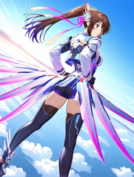 perfect quality,best quality,absolutely eye-catching,ambient occlusion,raytracing BREAK
1girl,<lora:sinnkyuu IL v1.1:1>,sinnkyuu,brown eyes,brown hair,ponytail,hair ornament,long sleeves,open coat,edge skirt,thighhighs,high heels,sky,flying,wind,purple edge,short shorts,from behind,hands_on_hips,