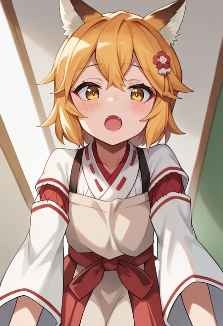 score_9, score_8_up, score_7_up, masterpiece, source_anime, 1girl, ct_s3nko, short hair, blonde hair, yellow eyes, fox ears, fox tail, hair flower, kimono, ribbon trim, brown apron, wide sleeves, detached sleeves, red hakama, looking at viewer, indoors, open mouth, blush, from below, leaning forward,<lora:Senku_Pony_ct:0.9>,