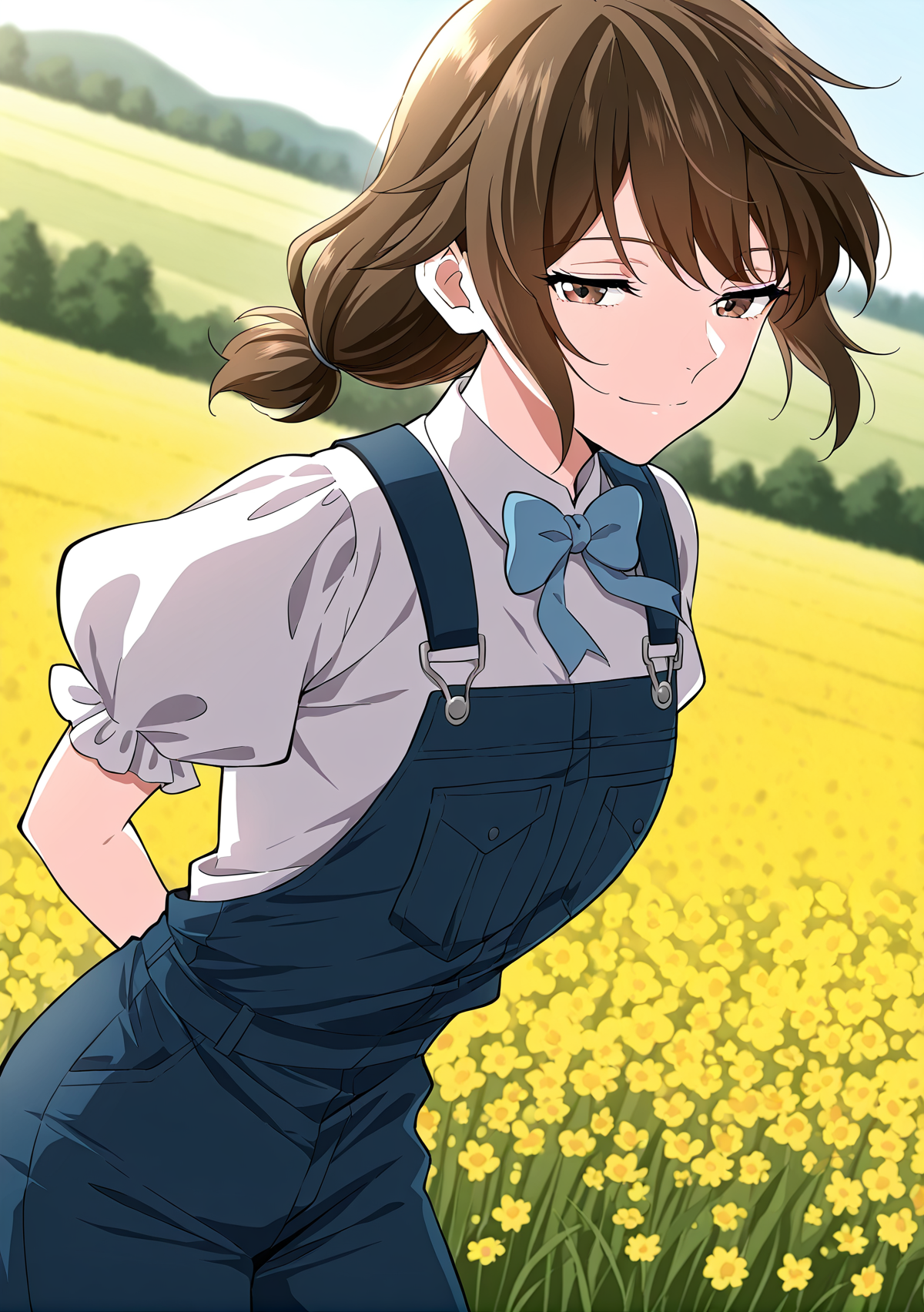 <lora:Eleanor_Leywin__The_Beginning_After_the_End__Illustrious:1>
1 girl, solo, brown hair, brown eyes, bangs, small breasts
blue bowtie, white shirt, puffy sleeves, short sleeves, low ponytail, short twintails, short hair, blue overalls
score_9, score_8_up, score_7_up, very aesthetic, source_anime, detailed, high quality, beautiful, masterpiece, detailed eyes, field, blurry background, pose dynamic angle, upper body, cowboy shot, light smile, floating hair, half-closed eyes, hands behind back, leaning forward, looking forward, looking at viewer