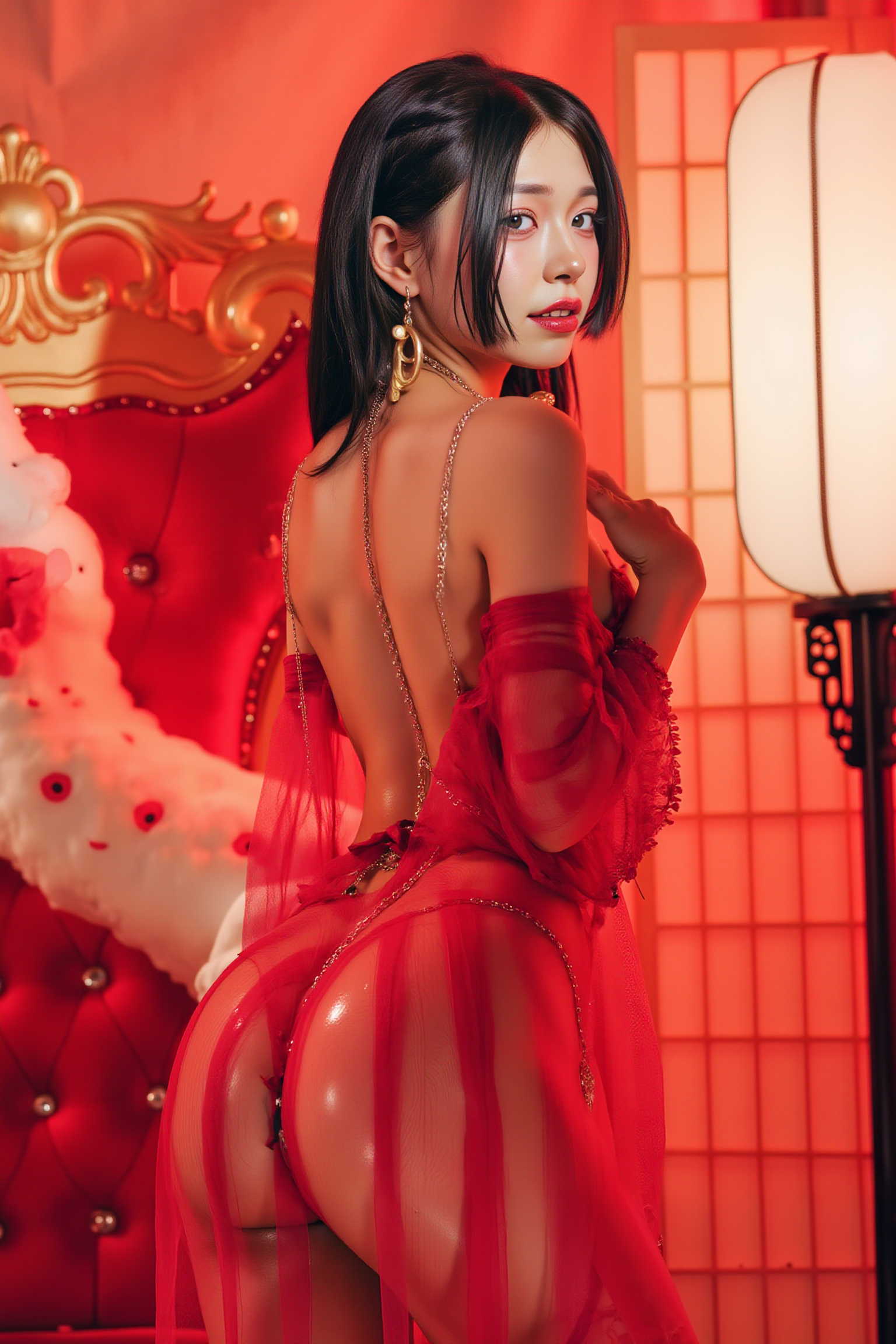 A professional high-resolution photograph of a young woman standing gracefully with her back slightly toward the camera, turning her head gently to look over her shoulder with a soft, confident gaze. Her weight shifts subtly onto one hip, highlighting her natural curves and elegant silhouette. Soft lighting emphasizes her poised expression and form.

She is wearing SGWN40ClothingStyle2, an intricate red lace outfit with gold chains and delicate red fabric. Her makeup is dramatic, with dark eyeliner and bold, glossy pink lips. 

The lighting features a high-contrast, monochromatic white color scheme that creates a moody, intimate atmosphere. 

The photography technique uses what appears to be soft lighting to create a glamorous effect, with careful attention to highlighting contours while maintaining the dominant light yellow color scheme throughout the frame.

The overall aesthetic combines elements of fashion photography, traditional Asian visual motifs, and contemporary boudoir styling. The dramatic light yellow lighting creates a cohesive visual theme that ties all elements of the composition together.

The white light emit on her to show her feature.