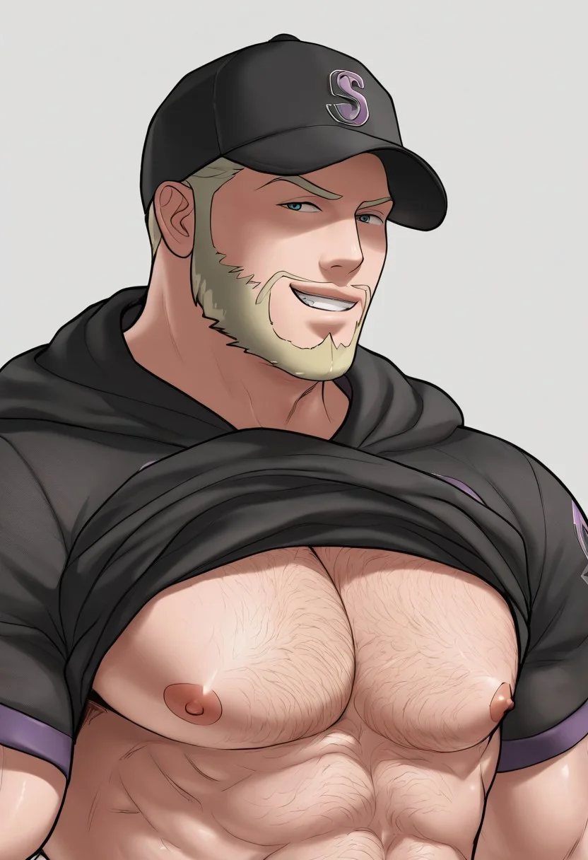 score_9, score_8_up, score_7_up, gatuty, gatuyy, gatttytt, solo, looking at viewer, smile, short hair, blonde hair, shirt, 1boy, hat, upper body, clothes lift, black shirt, black headwear, muscular, facial hair, shirt lift, pectorals, lifted by self, muscular male, bara, baseball cap, beard, large pectorals, mature male, chest hair, hairy, male focus, blue eyes, without background