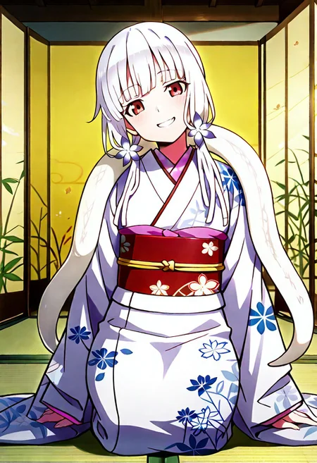Smooth Quality - Illustrious, sfw,
anime, illustration, nadeko, red eyes,long hair,white hair,snake hair,albino, 
<lora:NSFWFilter_illusXL_Incrs_v1:-1>
<lora:Snake_on_Shoulders:0.8> sn4k3, snake on shoulders, large snake, white snake,
1girl, solo,
japanese clothes, white kimono, furisode, floral print, 
looking at viewer, head tilt, beautiful smile, grin,
golden folding screen, zabuton, tatami,