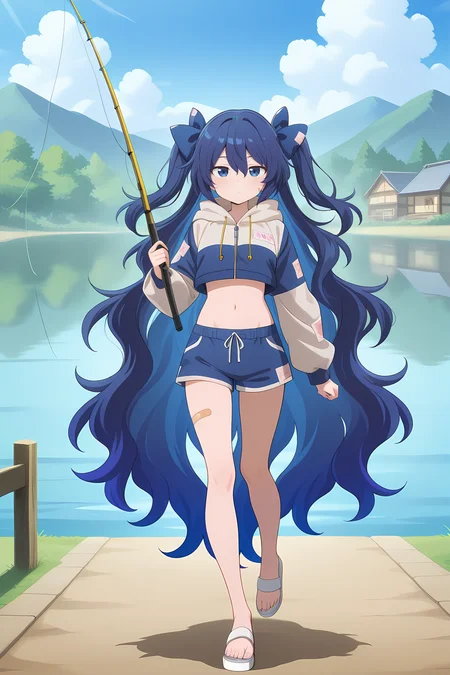 absurdres, highres, masterpiece, best quality, amazing quality, official anime artwork, screencap, anime screencap, outdoors, looking at viewer, dynamic pose, village, 
<lora:Shion-Yorigami-Illustrious:1> yorigami shion, 1girl, solo, blue eyes, blue hair, long hair,, yorigami shion \(somewhat successful big sister\), alternate hairstyle, absurdly long hair, wavy hair, two side up, alternate costume, hair bow, blue bow, two-tone jacket, blue jacket, white jacket, long sleeves, blue shorts, cropped jacket, navel, bandaid on leg, white sandals, holding fishing rod, lake,
