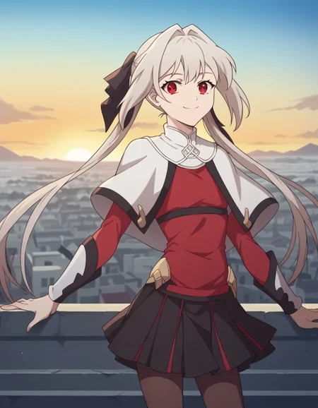 score_9, score_8_up, score_7_up, source_anime, <lora:lynneburg-clays-s1-ponyxl-lora-nochekaiser:1>, lynneburg clays, long hair, red eyes, twintails, grey hair, hair intakes, hair ribbon,, pantyhose, capelet, white capelet, dress, red dress, long sleeves, skirt, black skirt, pleated skirt,, rooftop, sunset, cityscape, quiet moment, wind blowing, contemplative, smile, looking at viewer, smug, solo,, cowboy shot, dutch angle