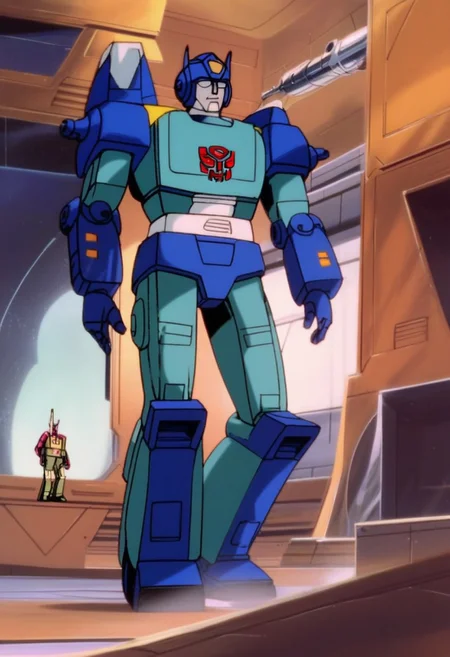 concept art score_9, score_8_up, score_7_up, animation, transformers, 1boy, robot, Autobot, Tall, bulky, glowing eyes, Blue eyes, large eyes, circular eyes, dark Blue armor, artillery cannons, fusion cannons, transforms into Stealth Cybertronian anti_gravity artillery tank, full body, cowboy shot, smiling, holding rifle, Autobot Symbol (Red), full body, <lora:Transformers 86 FT:1> . digital artwork, illustrative, painterly, matte painting, highly detailed
