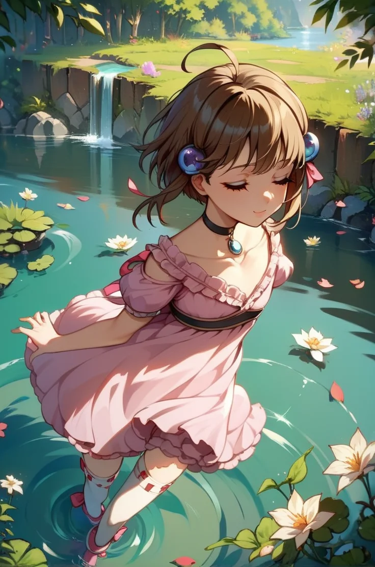 score_9, score_8_up, score_7_up, very aesthetic, source_anime, detailed, high quality, beautiful, masterpiece, detailed eyes, 
<lora:lightXL:0.8>
forest, lake,
cowboy shot,  close up, dynamic angle
flat chest, eyes closed, standing on the water,
<lora:reala_autismConfetti_v01:0.99>
reala \(tales\), 1girl, brown hair, hair ornament, brown eyes, ahoge, short hair, 
choker, pink dress, frills, ribbon, collarbone, white thigh highs, pink footwear, zettai ryouiki,, zPDXL