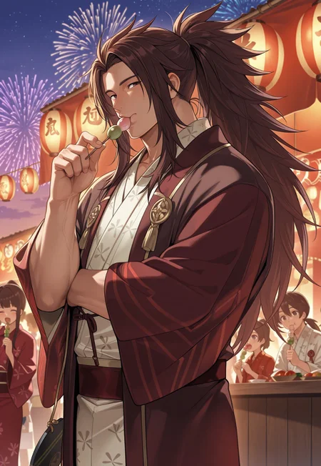 safe_pos, safe_pos, masterpiece, best quality, newest, extreme detail description, amazing quality, 1boy, solo, ry0m4_fe, brown hair, black eyes, long hair, spiked hair, muscular male, mature male, ponytail, yukata, kimono, sandals, folding fan, eating, holding dango, from side, looking at viewer, head tilt, evening, summer festival