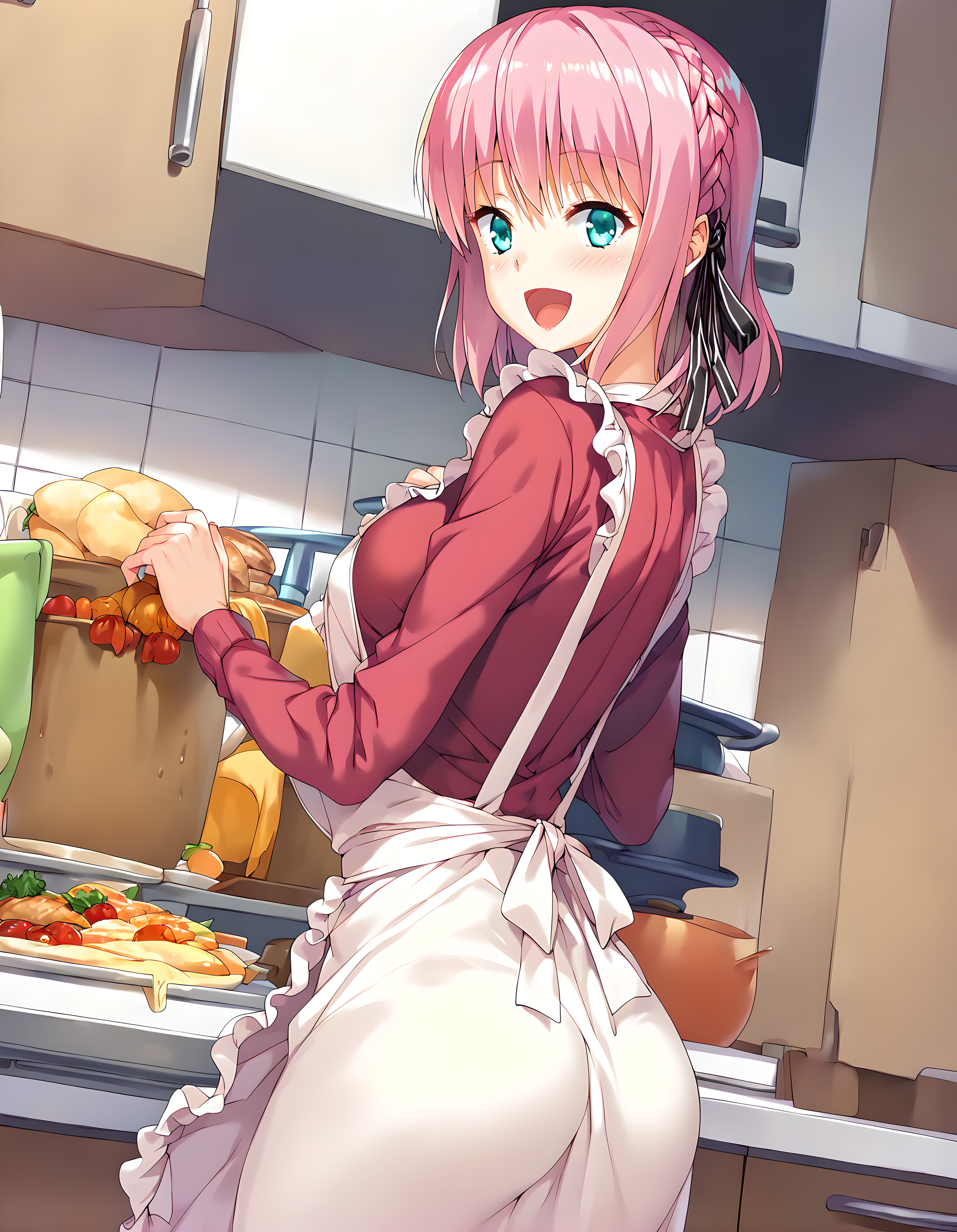 <lora:pony_xl_kaname:0.9>,kaname,score_9,score_8_up,score_7_up,source_anime,best quality,masterpiece,super fine illustration,1girl,solo,apron,casual,indoor,kitchen,standing,looking_at_viewer,cowboy_shot,from_back,laughing,light_blush,