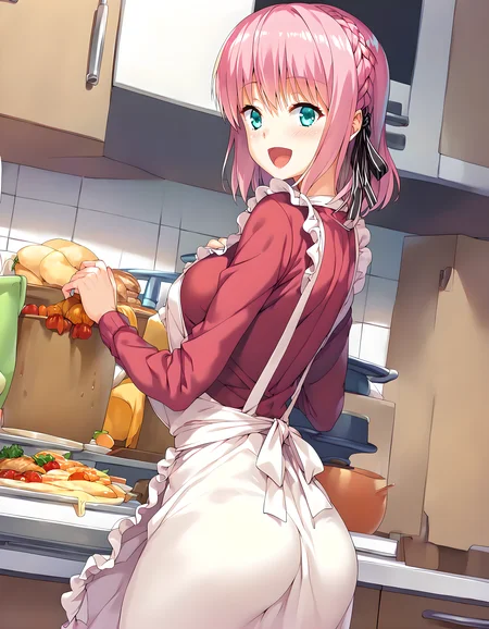 <lora:pony_xl_kaname:0.9>,kaname,score_9,score_8_up,score_7_up,source_anime,best quality,masterpiece,super fine illustration,1girl,solo,apron,casual,indoor,kitchen,standing,looking_at_viewer,cowboy_shot,from_back,laughing,light_blush,