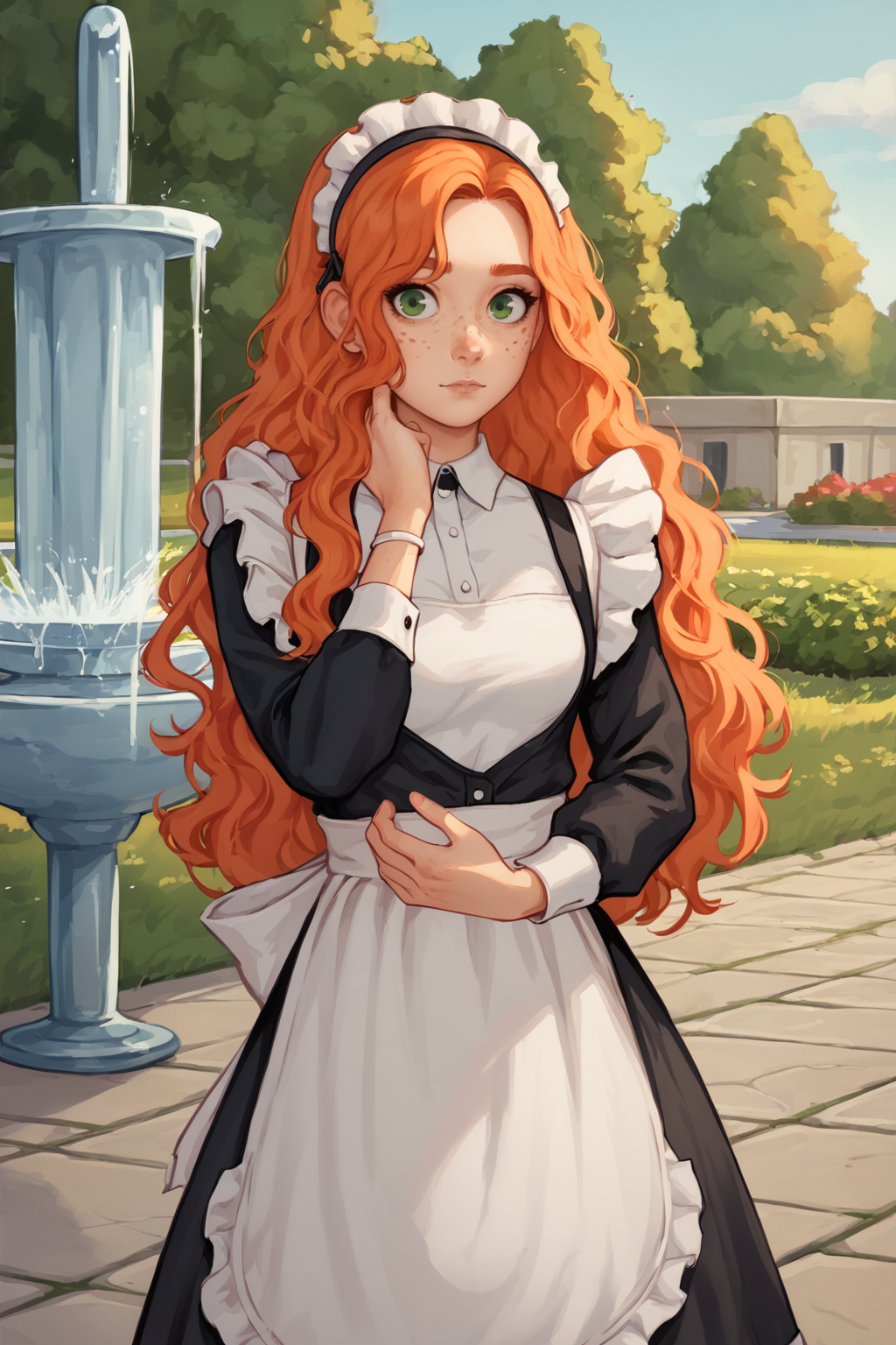 score_9, score_8_up, 1girl, NSGingerPortia, freckles, ginger hair, <lora:NSGingerPortia:1> maid outfit, looking at the viewer, hairband, fountain in the background