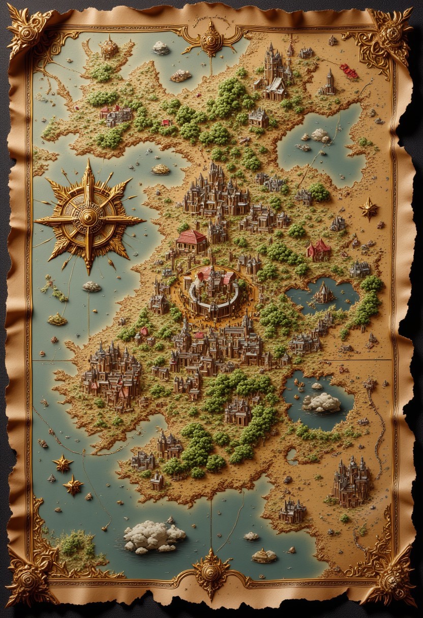 a fantasy map with intricate edge designs seperate regions and kingdoms large