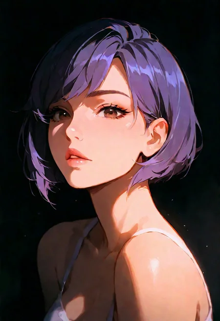 1girl, Juno (Overwatch 2), lips, thin lips, parted lips, solo, looking at viewer, camisole, upper body, dark, underlightling, masterpiece, best quality, very aesthetic, purple hair, bob haircut,
