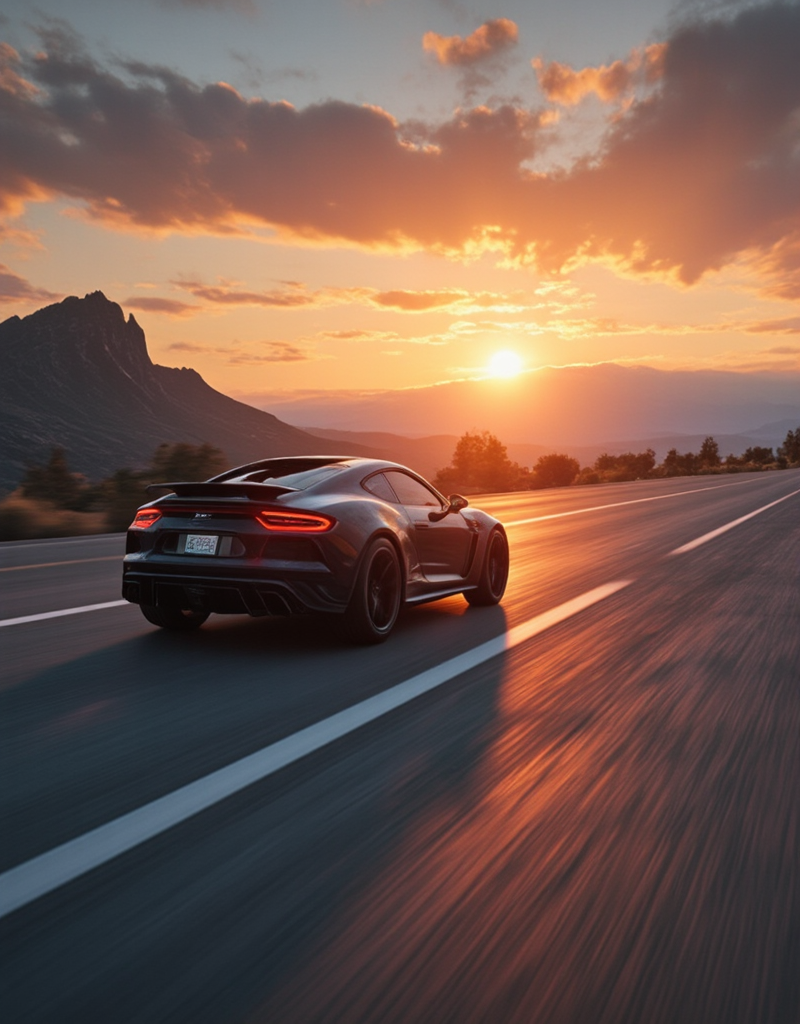 detailed realistic photo of <lora:Space_Worlds_01__Poetic_fluxbeta3:1> sw01p_flux, highway car chase, sunset, from tail
