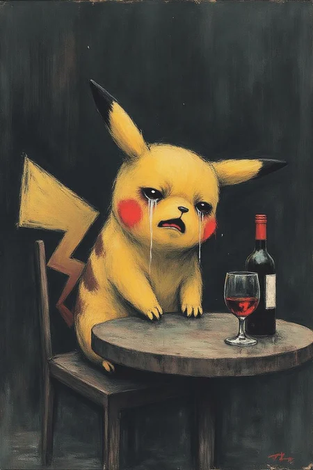 apoca1 illustration. Close up of Pikachu crying, tear are rolling down, sitting at a small round table with a bottle of wine, <lora:apocalypse_now4_nocap_d4a2:1.0><lora:803163720768527364:0>
