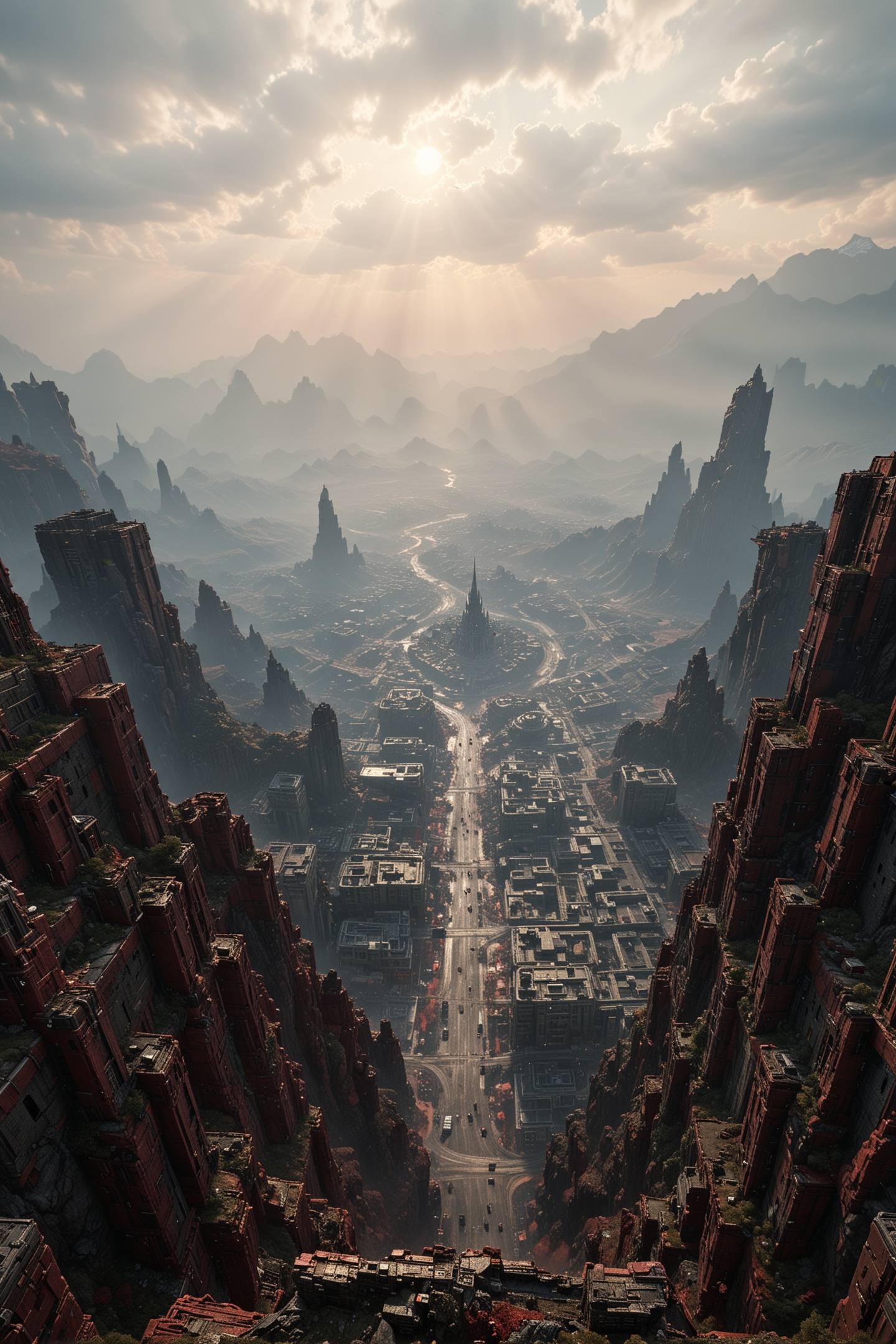 view from a Middle Aged camera angle, landscape of a (Megalopolis of Salvation:1.1) , near Twisted Andes, Ojama Red,  detailmaximizer, gaming, magic frame, object