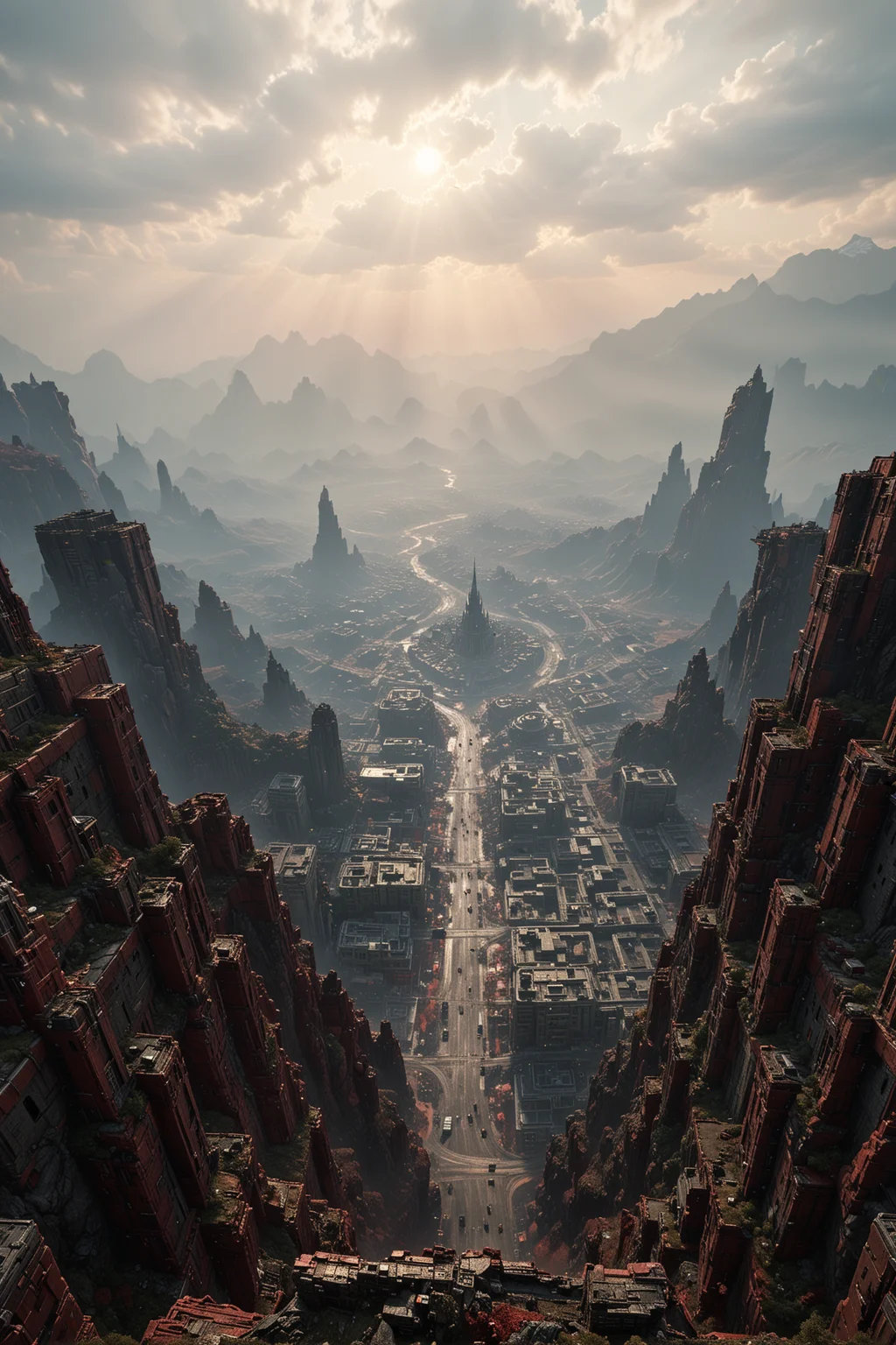 view from a Middle Aged camera angle, landscape of a (Megalopolis of Salvation:1.1) , near Twisted Andes, Ojama Red, detailmaximizer, gaming, magic frame, object