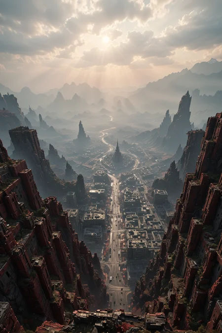 view from a Middle Aged camera angle, landscape of a (Megalopolis of Salvation:1.1) , near Twisted Andes, Ojama Red, detailmaximizer, gaming, magic frame, object