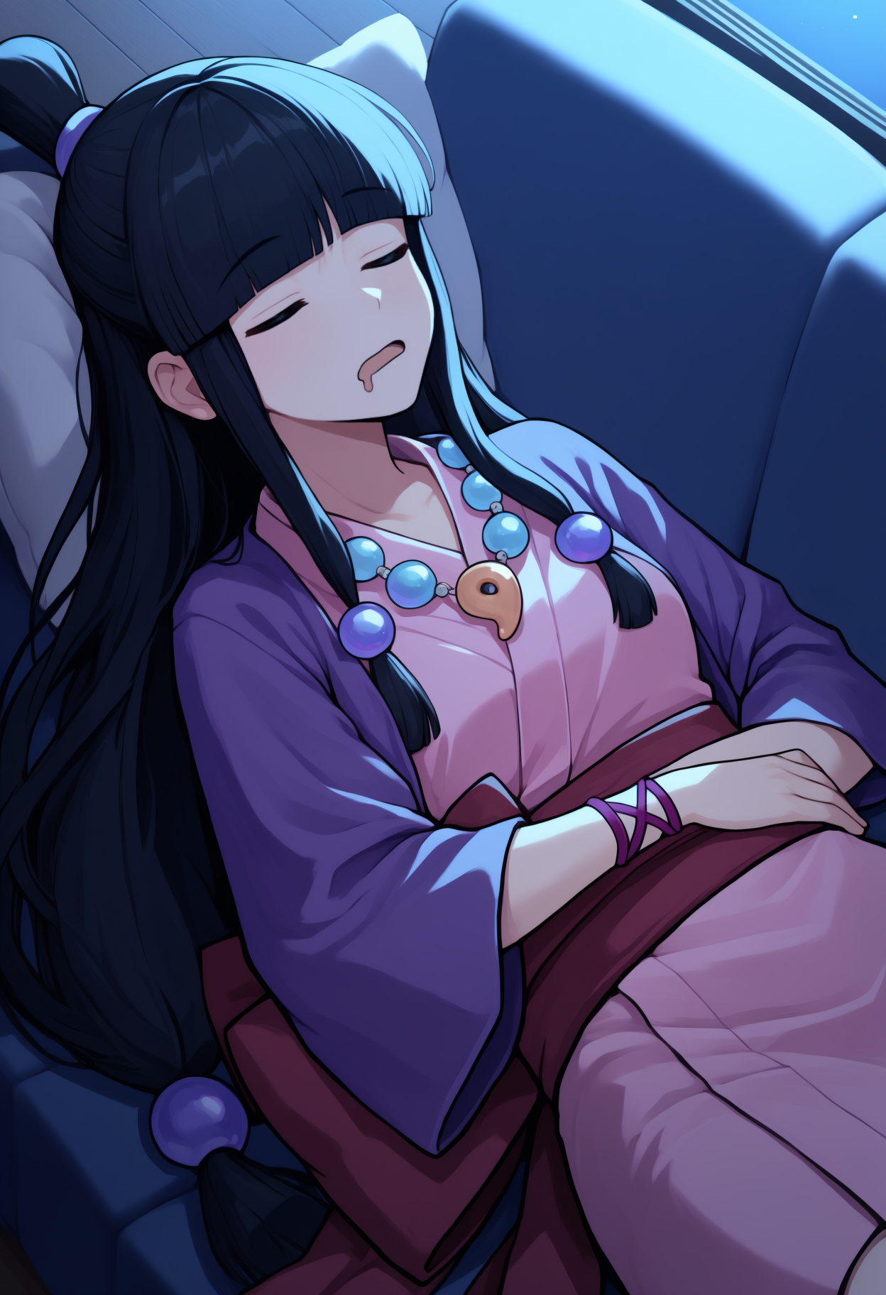 masterpiece, best quality, newest, anime, solo, 1girl, myfy, open mouth, mouth drool, sleeping, lying, on couch, on back, long hair, black hair, blunt bangs, sidelocks, half updo, hair ornament, closed eyes, japanese clothes, hanten \(clothes\), purple jacket, sleeves past elbows, short kimono, pink kimono, wrist ribbon, red sash, obi, magatama necklace, indoors, night, moonlight, living room
<segment:yolo-Anzhc Face seg 640 v3 y11n.pt,0.4,1//cid=11>