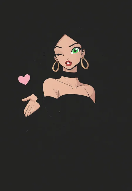 jjco, (Blend_in, black background), score_9, score_8_up, score_7_up, masterpiece, best quality, absurdres, vibrant, highly detailed, very aesthetic, (spotlight, sidelightning), upper body, mature, beautiful, stunning, 1girl, solo, gorgeous 39-year-old Russian MILF, green eyes, long silky black hair, parted bangs, thin gold hoop earrings, black choker, (tanned skin:0.6), (matte red lips:1.2), black evening dress, fingerless elbow gloves, black clothes, bare shoulders, looking at viewer, wink, hand up, blowing kiss, pink heart
