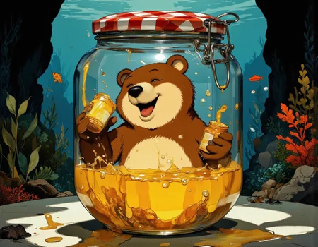 horror style <lora:bear:1>, This is a digital illustration featuring a cheerful anthropomorphic bear inside a large, clear glass jar filled with honey. The bear, with a warm brown fur coat and a light beige underbelly, is depicted with a wide, joyful smile and open mouth, as if it's about to say something or laugh. The bear is holding a small jar of honey in its right paw, with honey dripping from its mouth and the jar, creating a dynamic, lively scene. The honey within the jar is depicted as a vibrant yellow color, with bubbles and splashes adding to the sense of motion. The jar is sealed with a red and white checkered lid, secured with a metal clasp. The background is a serene underwater scene, with various colorful fish and plants visible through the glass, enhancing the whimsical and playful atmosphere. The overall style is cartoonish, with smooth, rounded edges and a bright, cheerful color palette. The texture of the bear's fur and the honey are rendered with a smooth, glossy finish, giving the image a polished and vibrant look. . dark, eerie, gothic, macabre