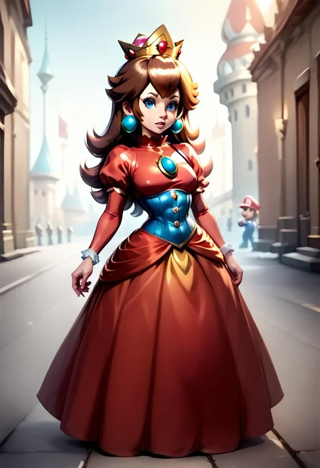<lora:MtF_Genderswap:1>, genderswap \(mtf\), Mario, facing forward, mario hat, adult woman, extremely large nose, extremely bulbous nose, very wide face, circular head shape, wide chin, wide jawline, brown hair, lightly curly hair, blue eyes, average bust, wide hips, super crown, princess dress, red dress with blue accents, style-princess, underbust corset, fully clothed, zPDXL, score_9, score_8_up, score_7_up, score_6_up, score_5_up, score_4_up,
full body render, full body, photorealistic image, realistic image, high quality, detailed face, realistic human proportions, detailed clothes,