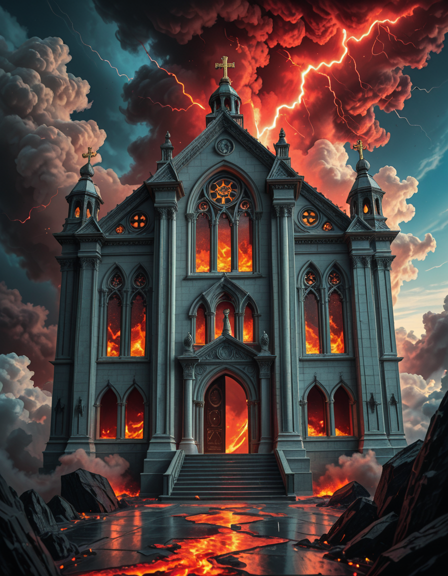 A once-majestic celestial temple, now under siege by the forces of Hell. The grand white stone structure is cracked and scorched, its golden crosses twisted and broken. The stained-glass windows, once glowing with warm divine light, are now shattered, with demonic symbols glowing ominously in their place. The sky, once a serene blue, is now consumed by dark storm clouds, swirling with red lightning and thick smoke.
Black, jagged chains extend from the sky, wrapping around the temple as if trying to pull it down into the abyss. The once-fluffy clouds beneath the structure are now a chaotic mix of fire, ash, and dark mist, with glimpses of molten lava cracks below. Infernal creatures with glowing red eyes lurk in the shadows, their silhouettes barely visible through the smoke and fire.
The temple doors are blown open, revealing an eerie red glow emanating from within, as if Hell itself is consuming the sacred space. Massive demonic runes are etched into the stone, pulsating with an unholy energy. The entire scene is bathed in a deep crimson and orange glow, giving it an apocalyptic and nightmarish atmosphere.
Style & Lighting:
- Dark fantasy, highly detailed
- Dramatic, high-contrast lighting with fiery glows
- Cinematic composition, epic scale
- Strong use of shadows, embers, and atmospheric foghighly detailed and atmospheric view from inside a massive birdcage, large enough for a human to stand inside. The cage is made of ornate, aged metal bars with intricate Victorian-style patterns, curving elegantly towards the domed ceiling. Sunlight filters through the gaps between the bars, casting long, dramatic shadows on the wooden floor. Delicate vines and small flowers have begun to grow around the bars, adding a touch of nature reclaiming the space. The background beyond the cage is blurred, hinting at a lush garden or a mysterious, abandoned mansion. The ambiance is serene yet slightly melancholic, with warm golden light illuminating dust particles floating in the air. Soft feathers are scattered on the floor, adding to the sense of quiet abandonment. The perspective makes the viewer feel as if they are inside the cage, looking outward, surrounded by both beauty and confinement. The style is highly detailed and realistic, with a cinematic and slightly surreal atmosphere.
<lora:SDXLFaeTastic2400:0.4> <lora:extremely_detailed:0.4> extremely detailed 
<lora:evil_celestial_t3mpl3-i:1> evil celestial t3mpl3, Masterpiece,best quality,hi res,8k,hi res,8k,award winning,(sharp focus, intricate, highly detailed),