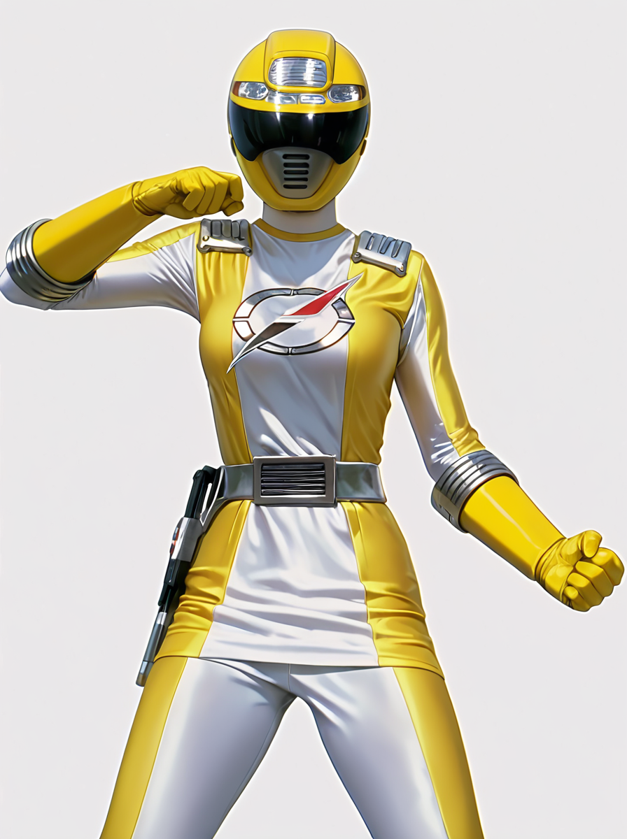masterpiece, best quality, amazing quality, very aesthetic, absurdres, newest, anime screenshot,  anime coloring,  uncensored <lora:GoGo_Sentai_Boukenger_CharacterPack:1>bokenyellow, robot, solo, bokylow helmet, bokylow bodysuit, breasts, yellow skirt, bokylow belt, bokylow gloves,,  simple background,, simple background,  white background, fighting stance,  looking at viewer, standing,