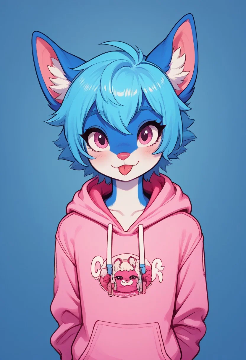 (easynegative 1) dragon, anthro, furry, young, miniature, male, blue body, girly, closed mouth, tongue,
blep , hoodie, hands behind back, solo, looking at viewer, cute, , good_hands