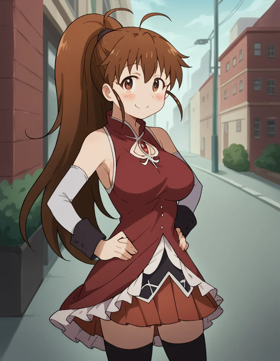 score_9, score_8_up, score_7_up, source_anime, <lora:popura-taneshima-s2-ponyxl-lora-nochekaiser:1>, popura taneshima, long hair, brown hair, brown eyes, ponytail, ahoge, large breasts,, <lora:sakura-kyoko-cosplay-ponyxl-lora-nochekaiser:1>, sakura kyoko cosplay, sakura kyoko (cosplay), black thighhighs, cosplay, detached sleeves, dress, frilled dress, frills, long sleeves, magical girl, miniskirt, pleated skirt, red dress, red skirt, sideboob, skirt, skirt under dress, sleeveless, sleeveless dress, thighhighs, zettai ryouiki,, streets, outdoors, smile, blush, hands on own hips,, cowboy shot, looking at viewer,