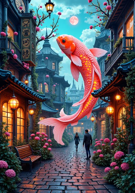 A hyperrealistic 8K tableau where a colossal, translucent koi fish glides through a cobblestone street beneath a warped skyline. Neon phosphorescent hues merge with vintage textures as liquid metal arches and oversized clock faces bloom into surreal, radiant flora. Familiar objects transmute into fantastical forms; streetlamps elongate into glowing crystals and everyday benches morph into fluid sculptures. The scene shatters natural perspective, birthing impossible gravity and cascading echoes of time that drip with acid greens, fiery oranges, and cosmic blues. Each element fuses in a chaotic yet mesmerizing dance, evoking a dreamlike, hallucinatory wonder that challenges the boundaries of reality. <lora:MoriiMee_Gothic_Niji_Style_FLUX:0.2> <lora:FluxMythAn1meL1nes:0.1> <lora:MushyFunk:0.7> <lora:flux_dev:1>