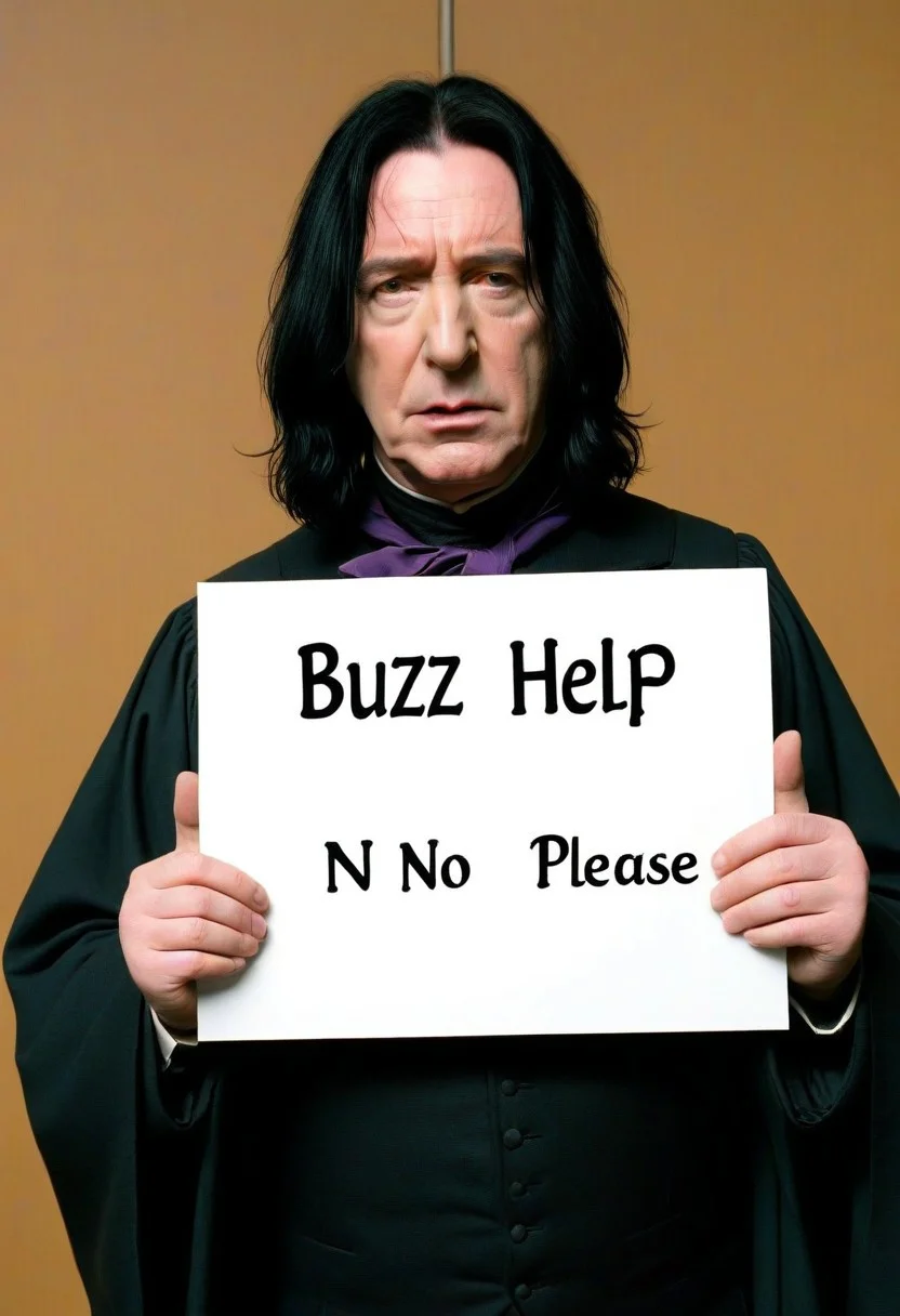 <lora:PE_HoldingSign:0.8> PEHoldingSign, sad face,
professor snape holding a sign that says buzz help please nono