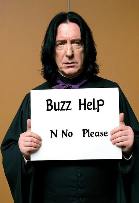 <lora:PE_HoldingSign:0.8> PEHoldingSign, sad face,
professor snape holding a sign that says buzz help please nono